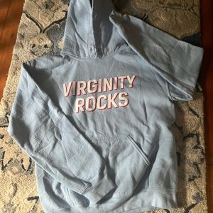 mens md virginity rocks sweatshirt. baby blue.